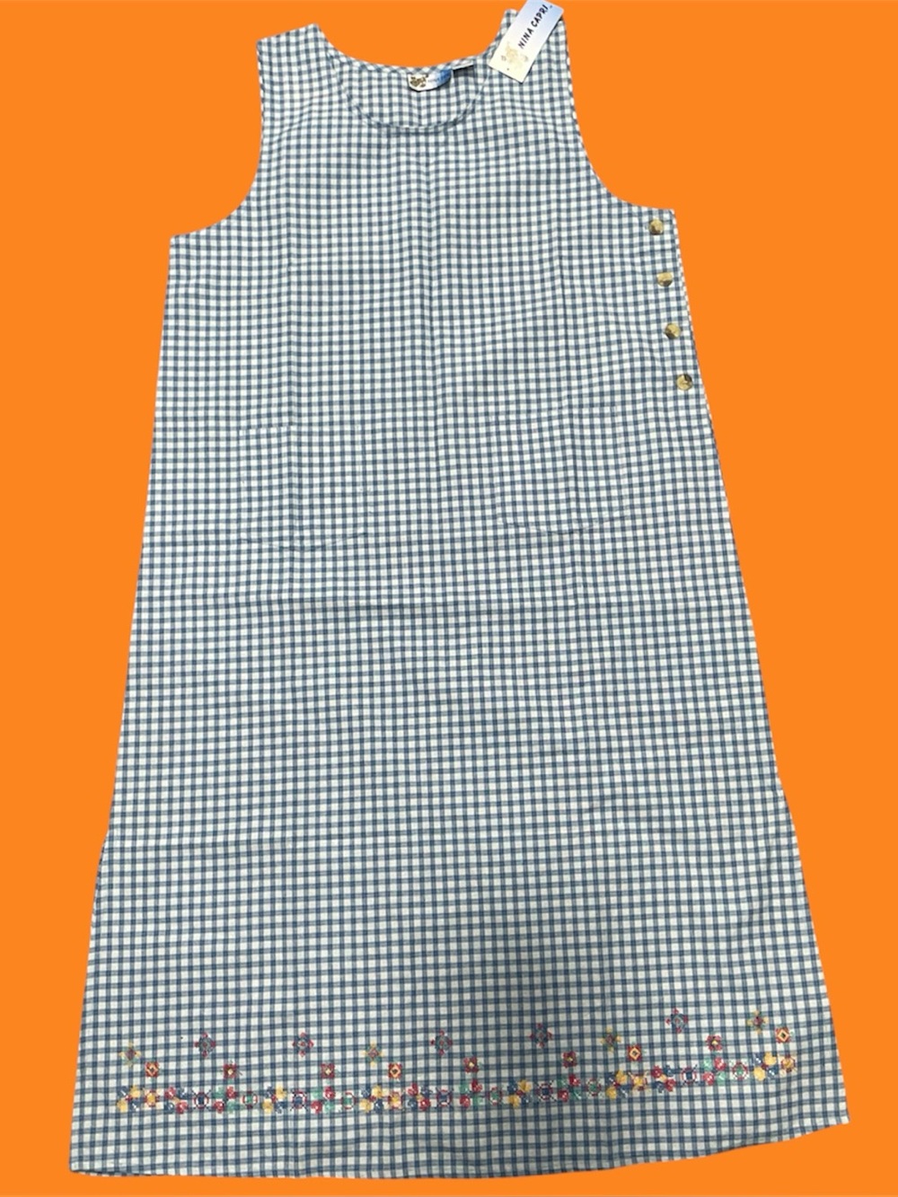 Nina Capri Blue Gingham Embroidered Shift Dress